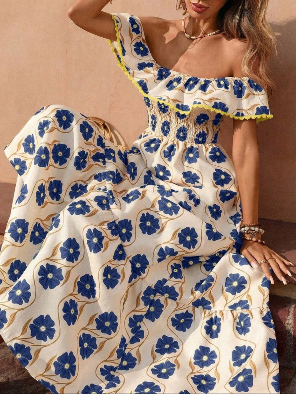 Navy Blue Boho Women's Elegant Long Dress with Ruffle - Picture 3 of 7